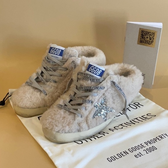 Golden Goose Shoes - Golden Goose Super-Star Sabots in natural white shearling with glitter star